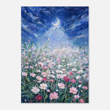 Moonlit Wild Cosmos Field Impressionist Art Print