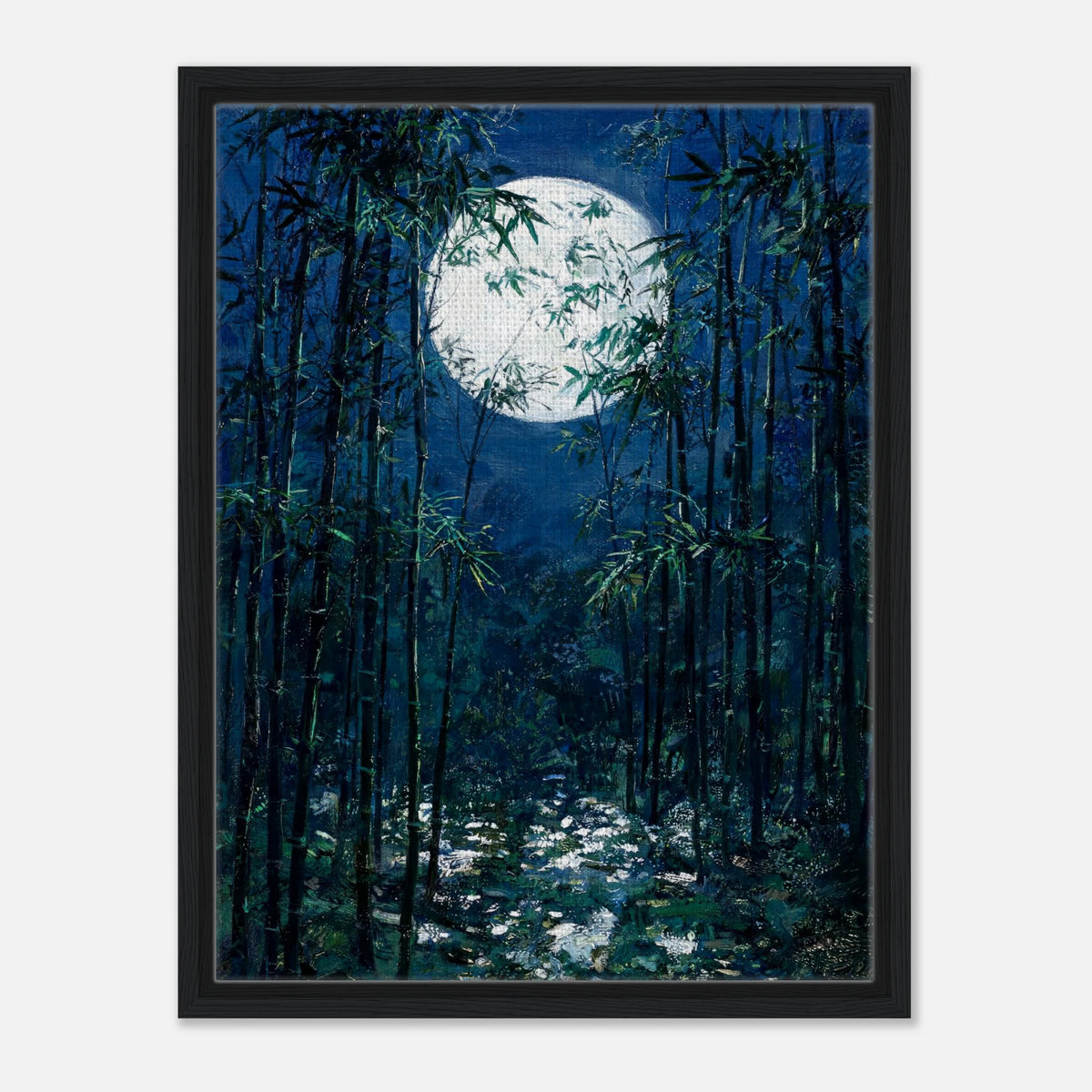 Impressionist art print from Vintstep depicting tall bamboo stalks in a forest under a bright full moon in a deep blue night sky with rich impasto brushstrokes.