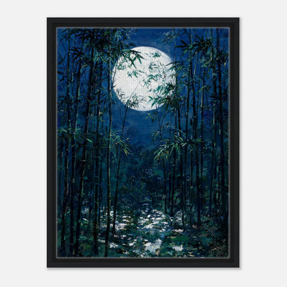 Impressionist art print from Vintstep depicting tall bamboo stalks in a forest under a bright full moon in a deep blue night sky with rich impasto brushstrokes.