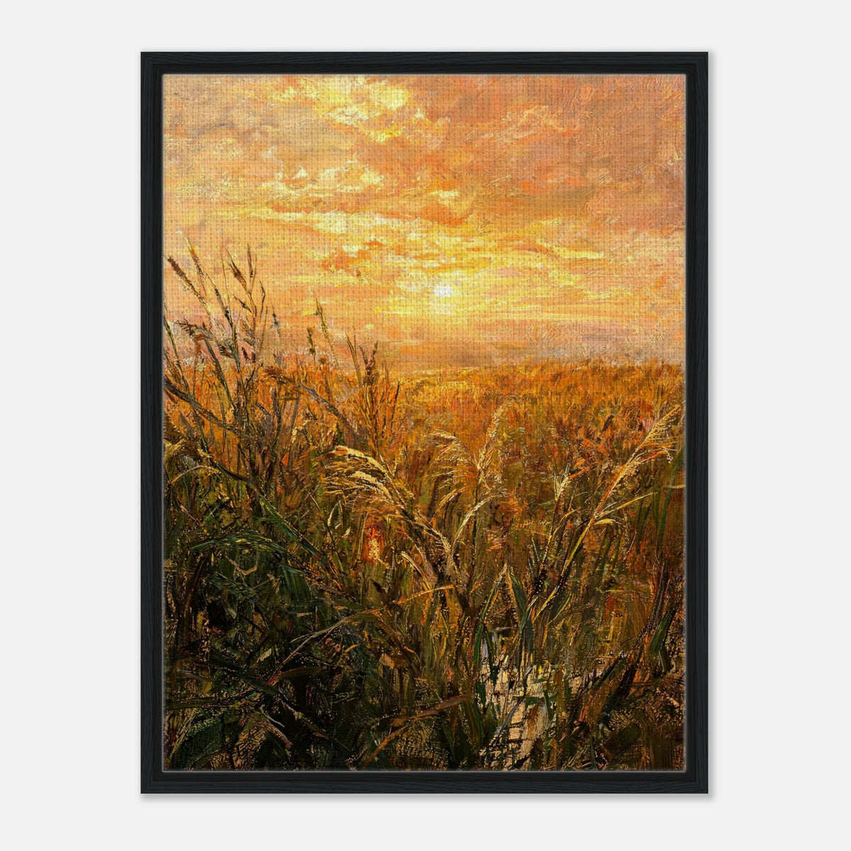 Golden Grass Field at Sunset Impressionist Art Print