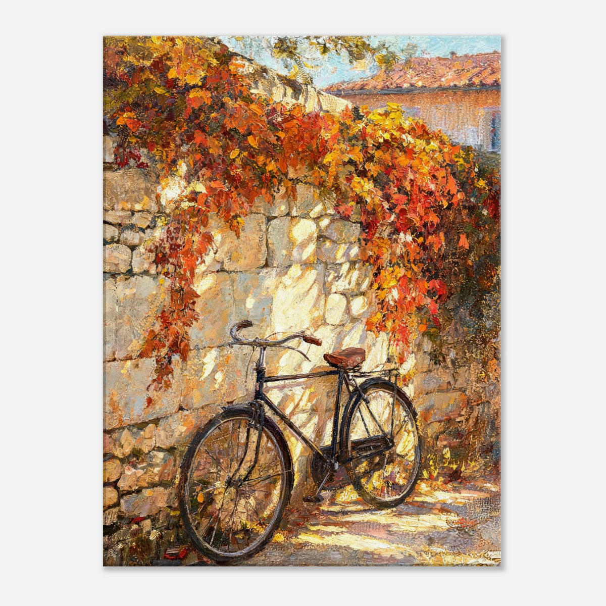 Autumn Vintage Bicycle Stone Wall Impressionist Art Print