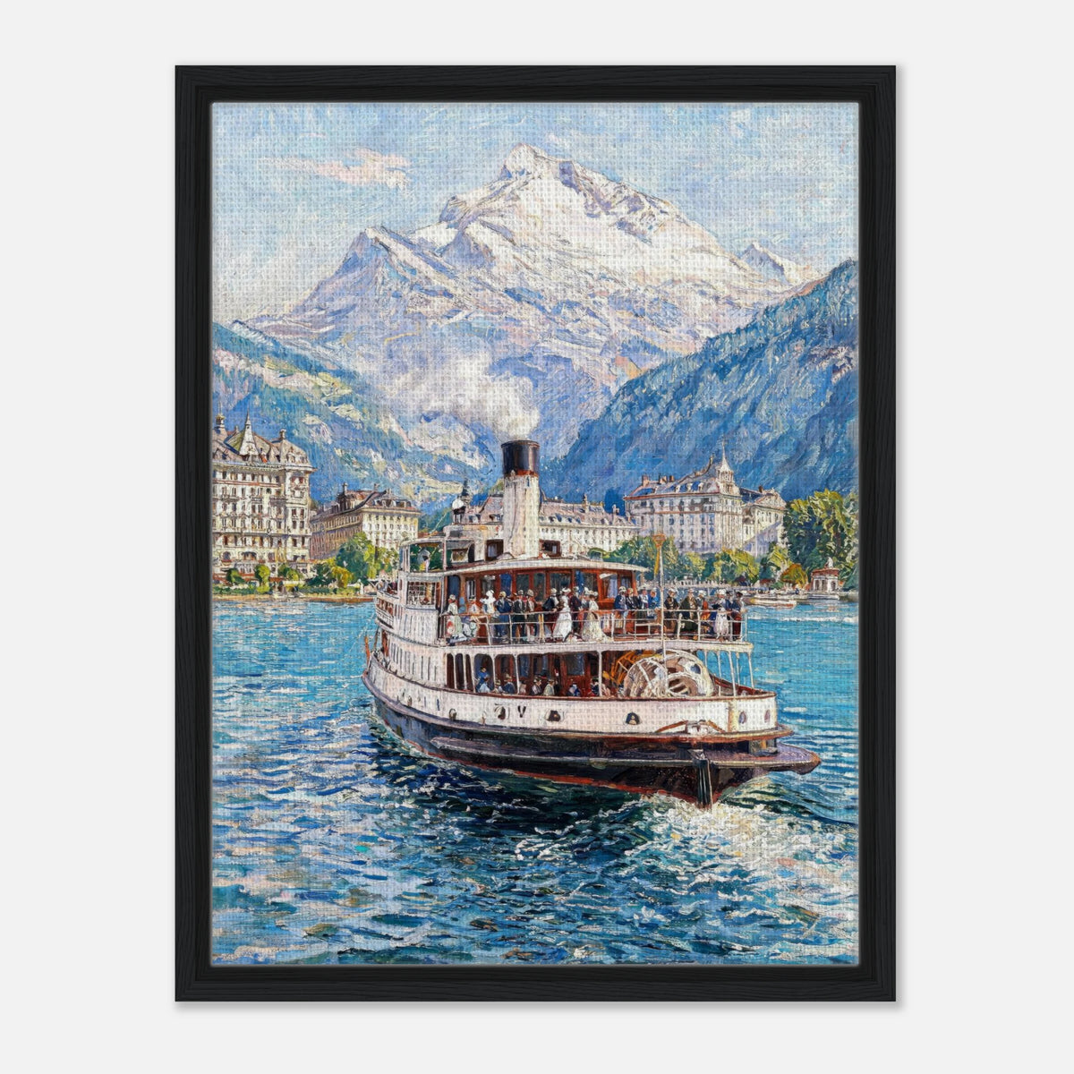 Impressionist art print from Vintstep depicting a vintage steamboat on a sparkling blue lake with snow-capped mountain peaks and historic buildings in the background with textured brushstrokes.