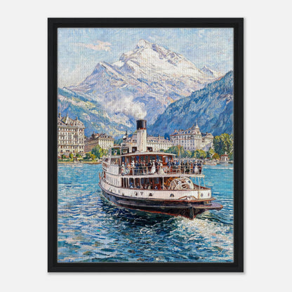 Impressionist art print from Vintstep depicting a vintage steamboat on a sparkling blue lake with snow-capped mountain peaks and historic buildings in the background with textured brushstrokes.