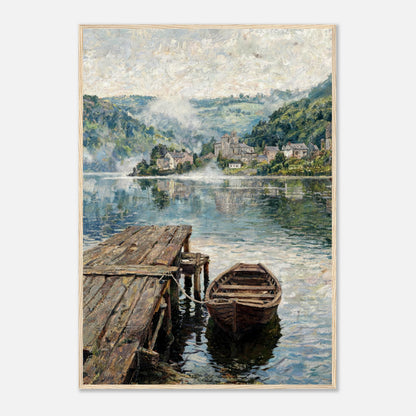 Misty Mountain Lake Wooden Boat Impressionist Art Print