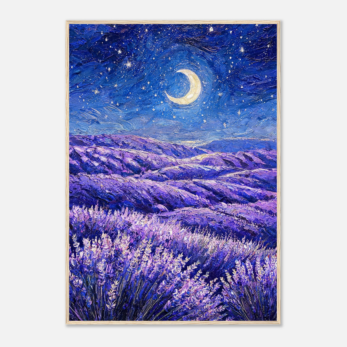 Moonlit Lavender Field at Night Impressionist Art Print