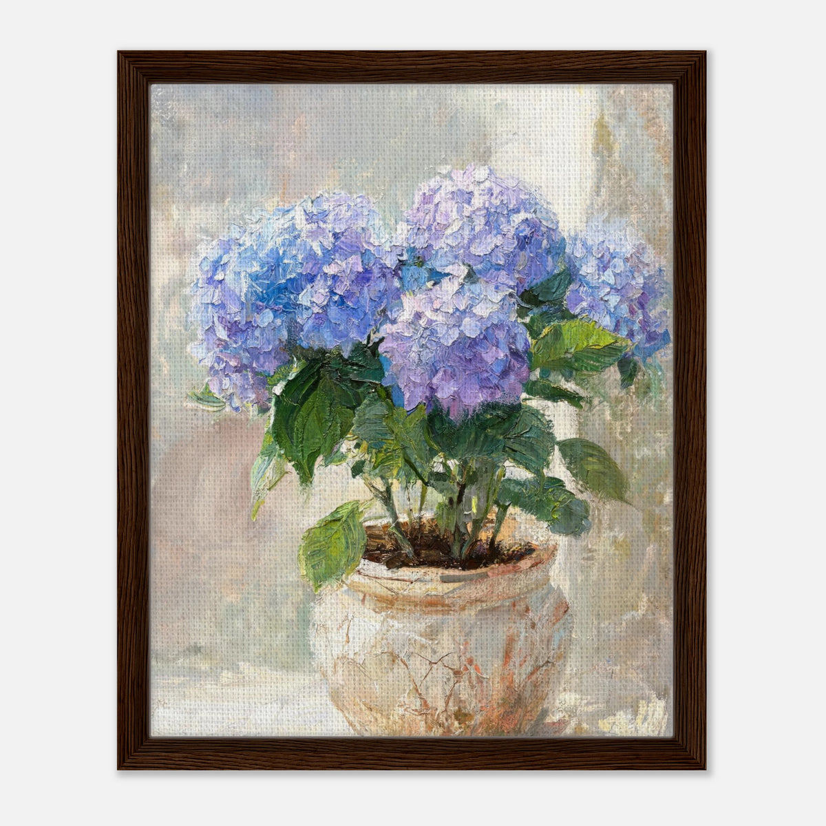 Blue Hydrangeas in Rustic Pot Impressionist Art Print