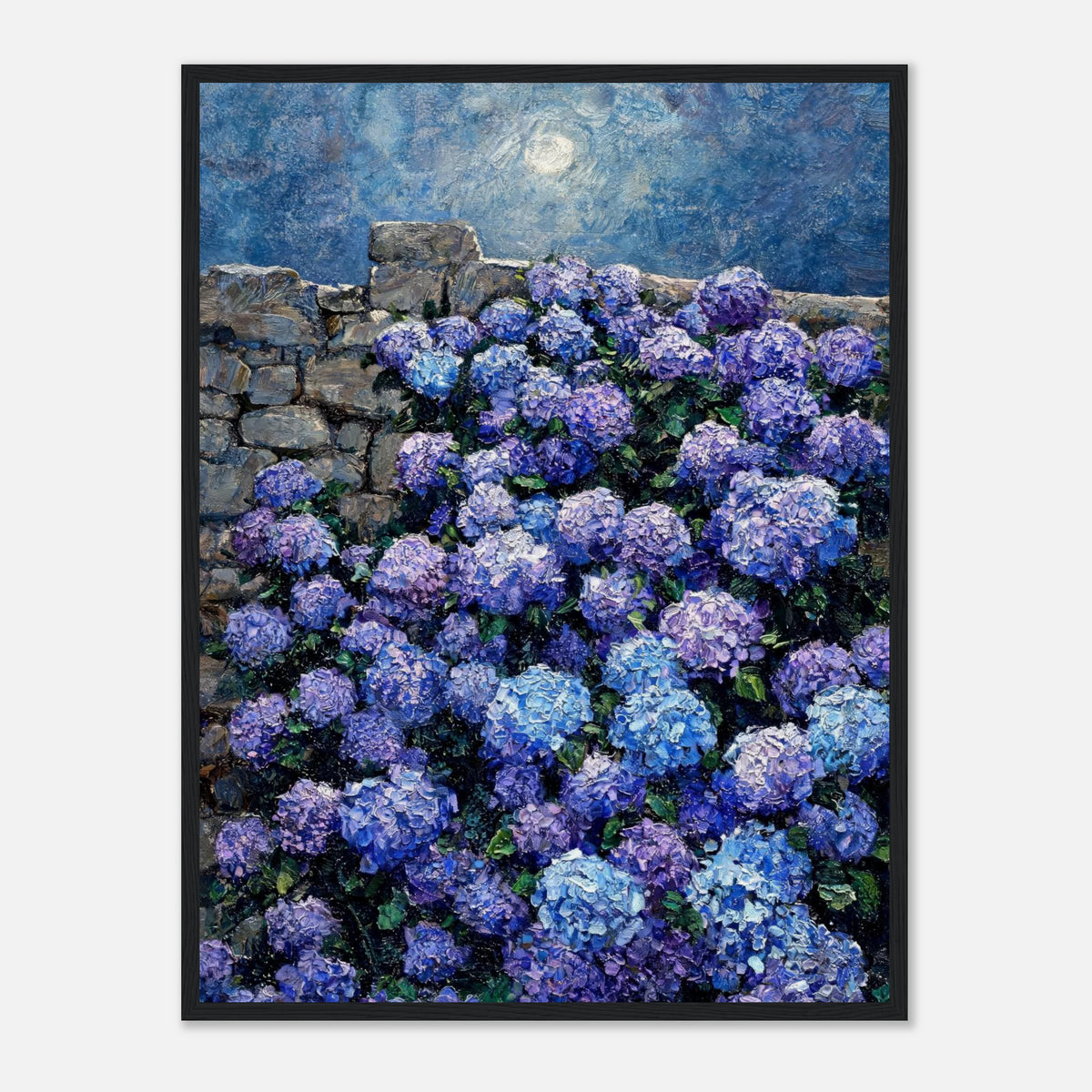 Moonlit Blue Hydrangeas by Stone Wall Impressionist Art Print