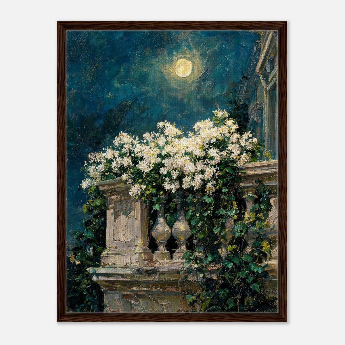 Moonlit White Blossoms Balcony Impressionist Art Print