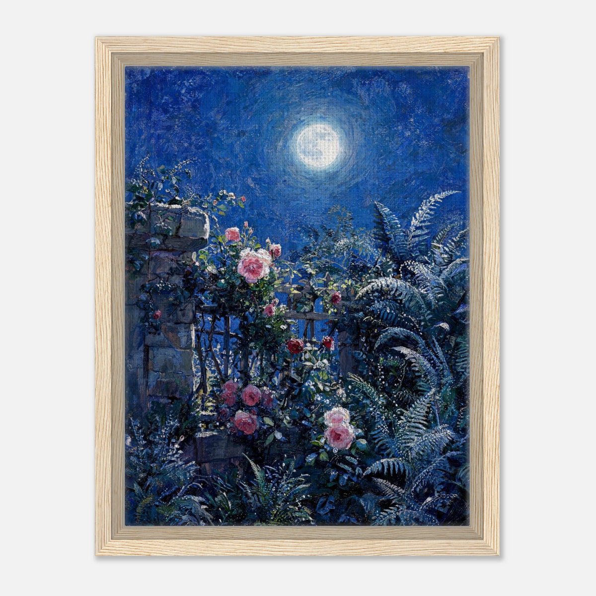 Moonlit Rose Garden and Stone Wall Impressionist Art Print