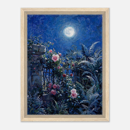 Moonlit Rose Garden and Stone Wall Impressionist Art Print