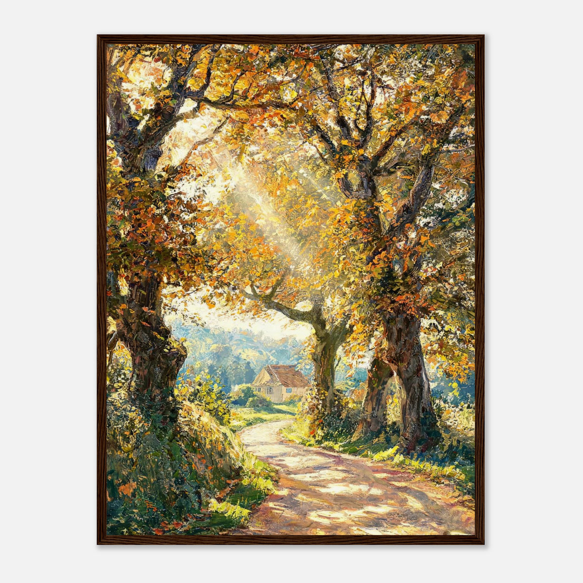 Sunlit Autumn Forest Path Impressionist Art Print