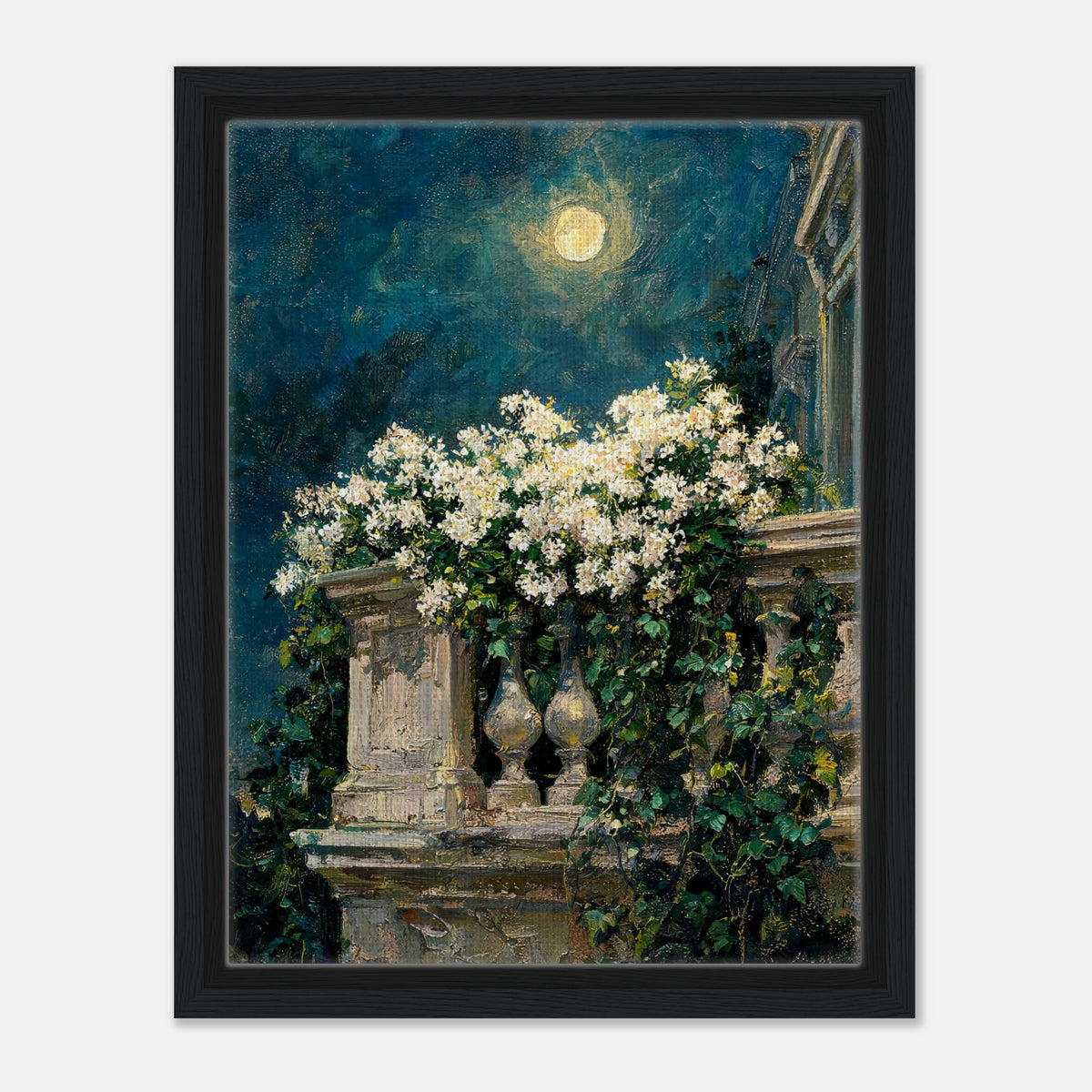Moonlit White Blossoms Balcony Impressionist Art Print