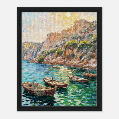 Framed Mediterranean Fishing Boats & Coastal Cliffs Canvas Wall Art | Seascape Decor