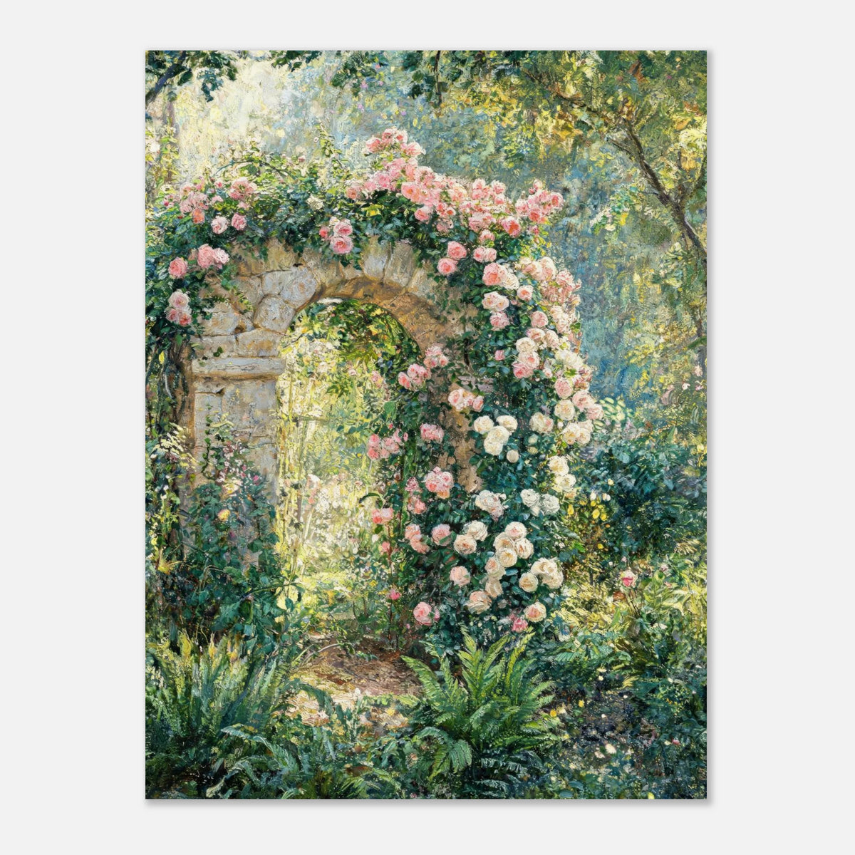 Rose-Covered Stone Arch & Sunlit Garden Impressionist Art Print