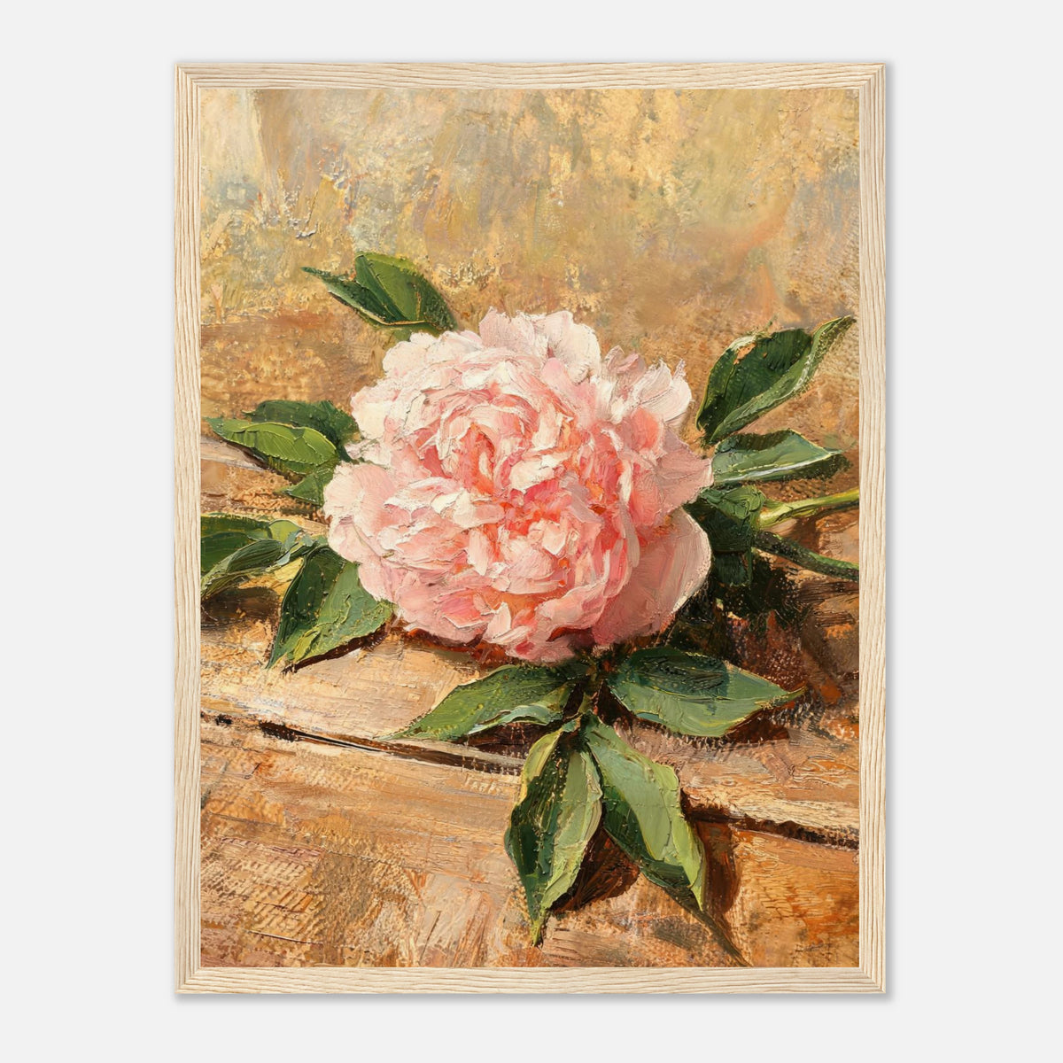 Single Pink Peony on Rustic Wood Impressionist Art Print
