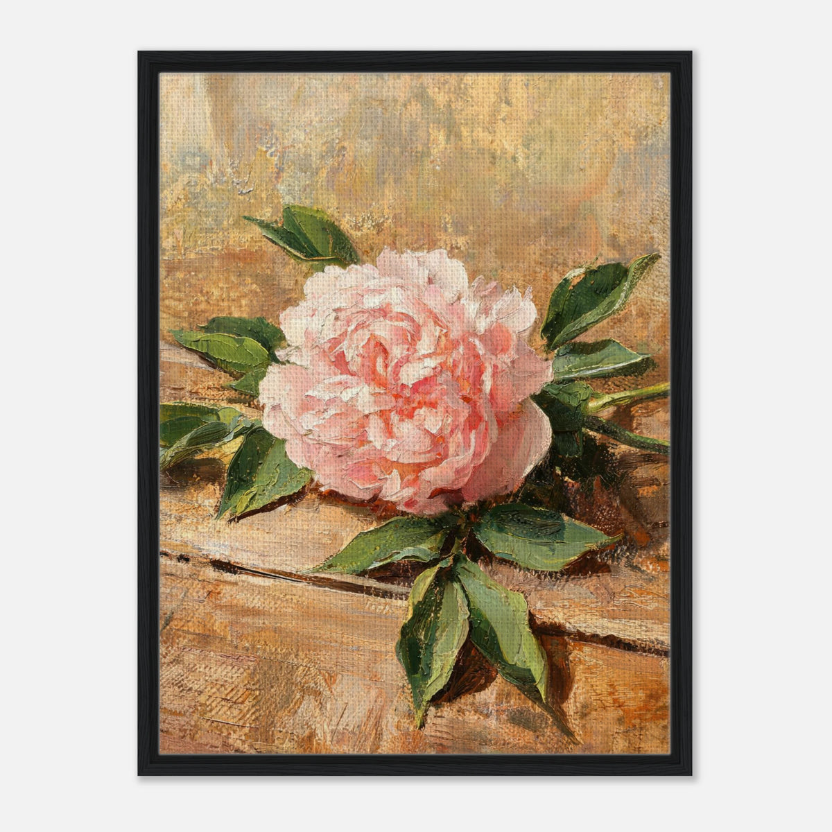 Single Pink Peony on Rustic Wood Impressionist Art Print