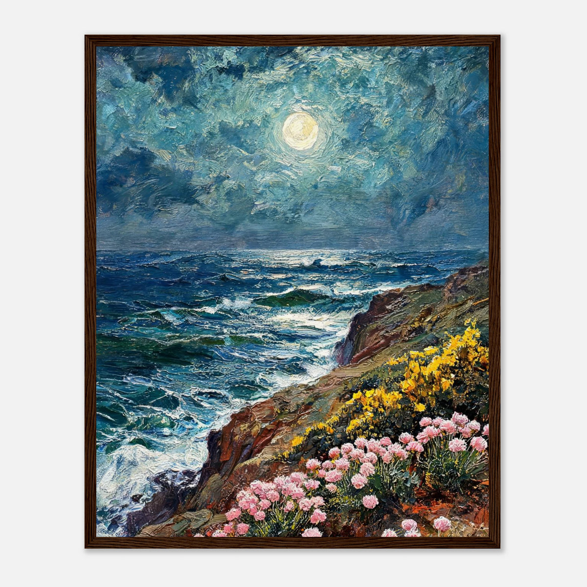 Moonlit Coastal Cliff Flowers Impressionist Art Print