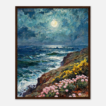 Moonlit Coastal Cliff Flowers Impressionist Art Print
