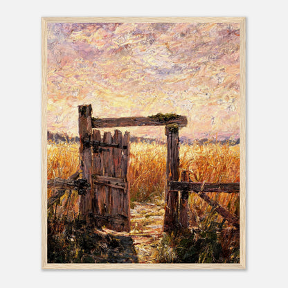 Wooden framed fine art print featuring an impressionist oil painting of an old wooden gate and sunset fields. Nature wood frame.
