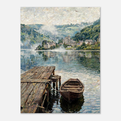 Misty Mountain Lake Wooden Boat Impressionist Art Print