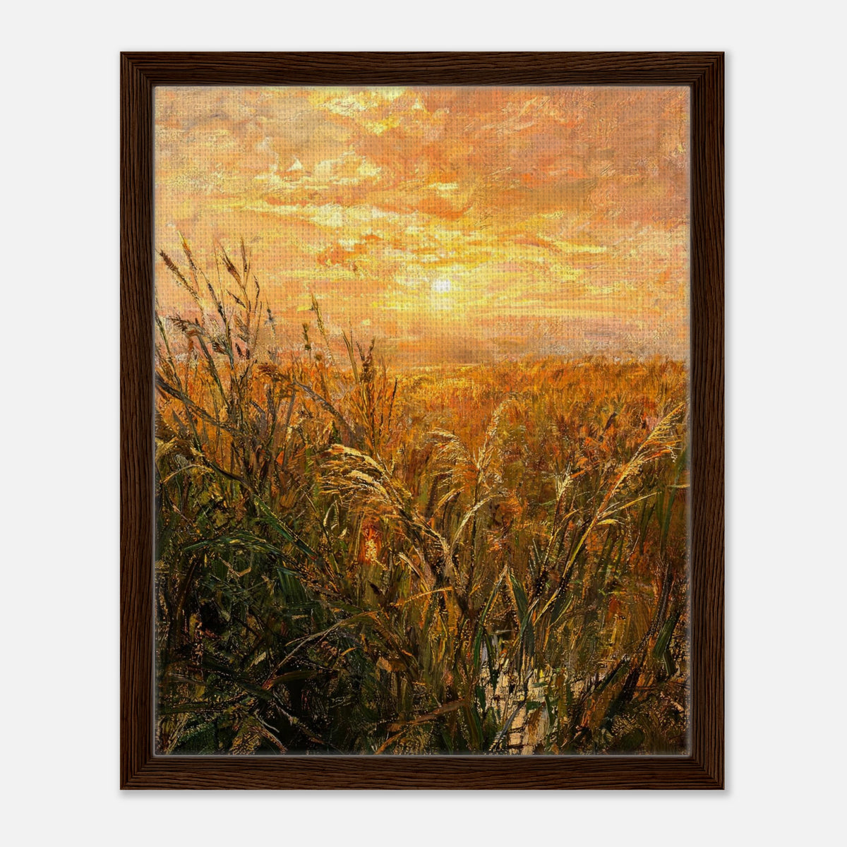 Golden Grass Field at Sunset Impressionist Art Print