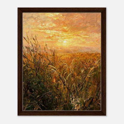 Golden Grass Field at Sunset Impressionist Art Print
