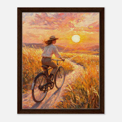 Cycling Through Golden Fields at Sunset Impressionist Art Print