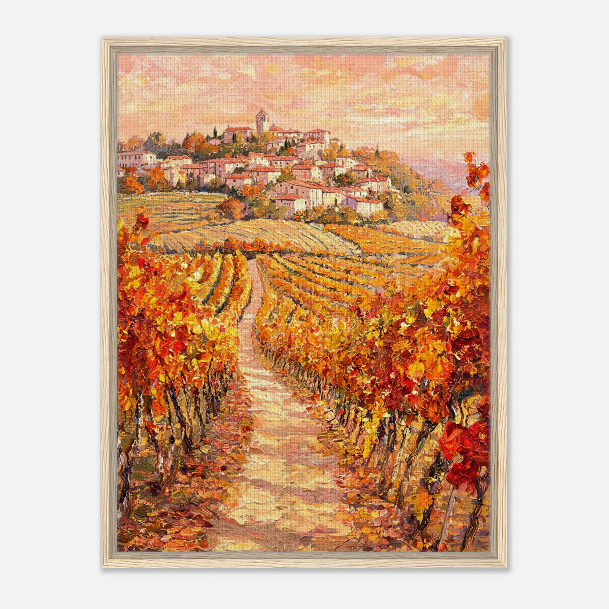 Autumn Vineyard Path Hilltop Village Impressionist Art Print