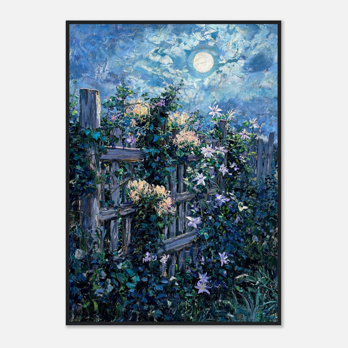 Moonlit Garden Fence Flowers Impressionist Art Print