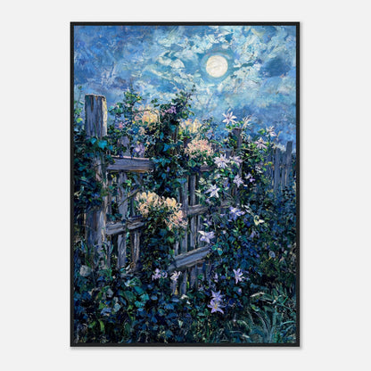 Moonlit Garden Fence Flowers Impressionist Art Print