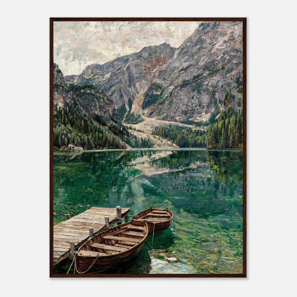 Wooden Boats on Alpine Lake Impressionist Art Print