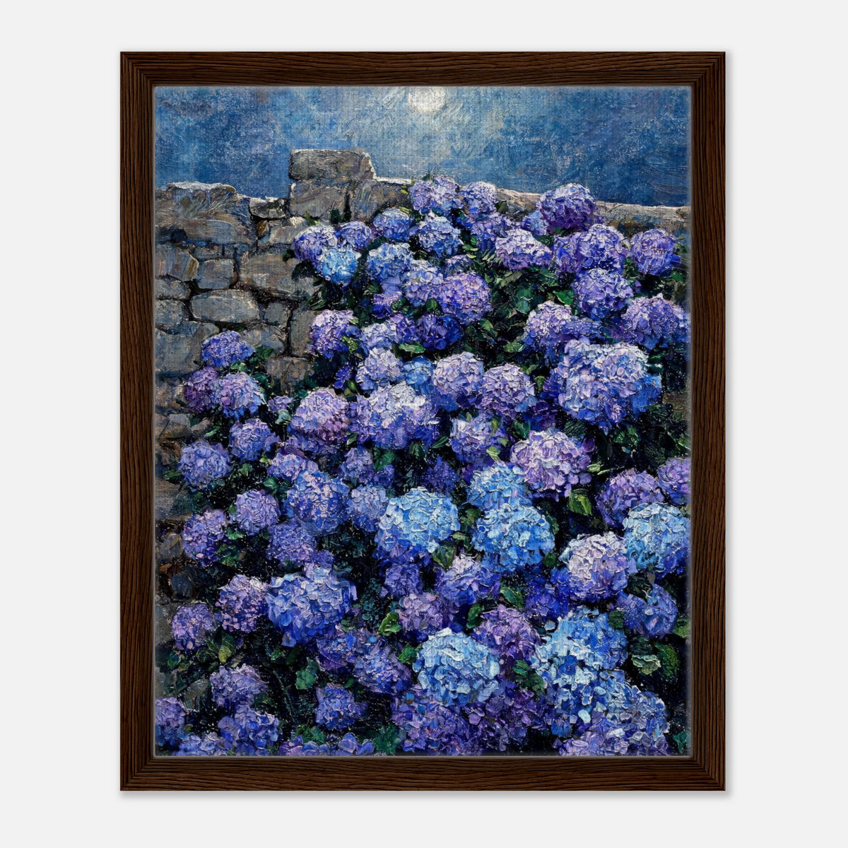 Moonlit Blue Hydrangeas by Stone Wall Impressionist Art Print