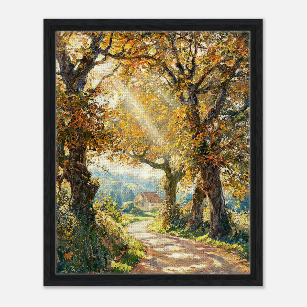 Sunlit Autumn Forest Path Impressionist Art Print