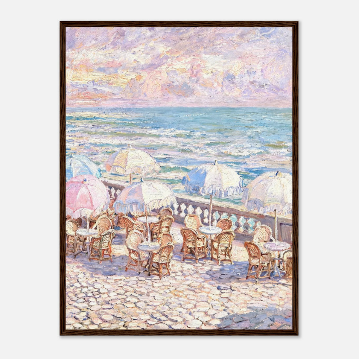 Impressionist oil painting print from Vintstep depicting a beachside cafe terrace with vintage parasols and bistro chairs under a pastel sunset sky over ocean waves.