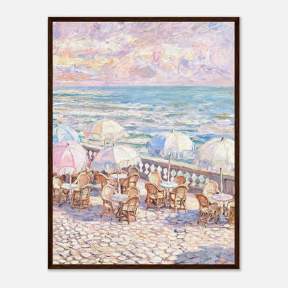 Impressionist oil painting print from Vintstep depicting a beachside cafe terrace with vintage parasols and bistro chairs under a pastel sunset sky over ocean waves.