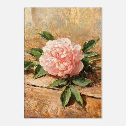 Single Pink Peony on Rustic Wood Impressionist Art Print