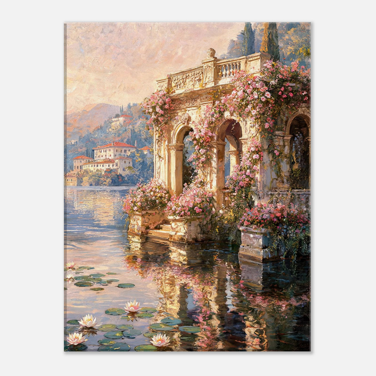Sunlit Lakeside Villa & Roses Impressionist Art Print