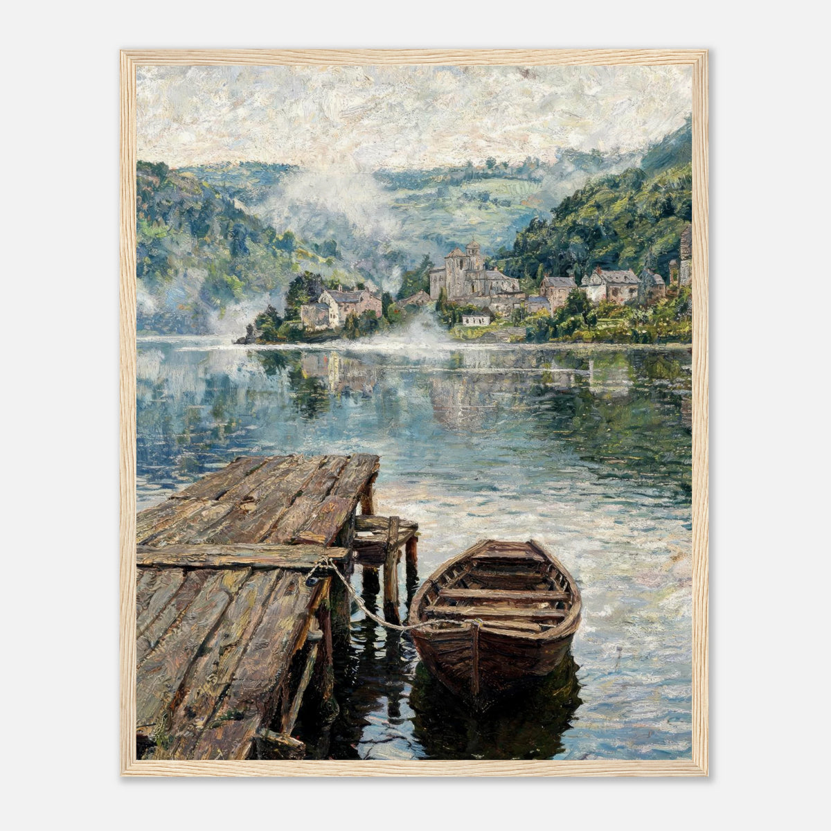 Misty Mountain Lake Wooden Boat Impressionist Art Print