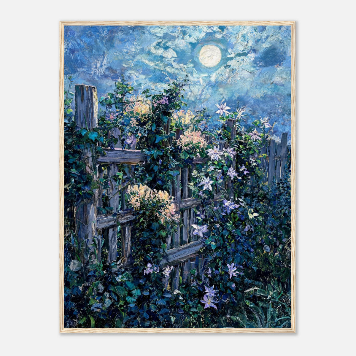 Moonlit Garden Fence Flowers Impressionist Art Print