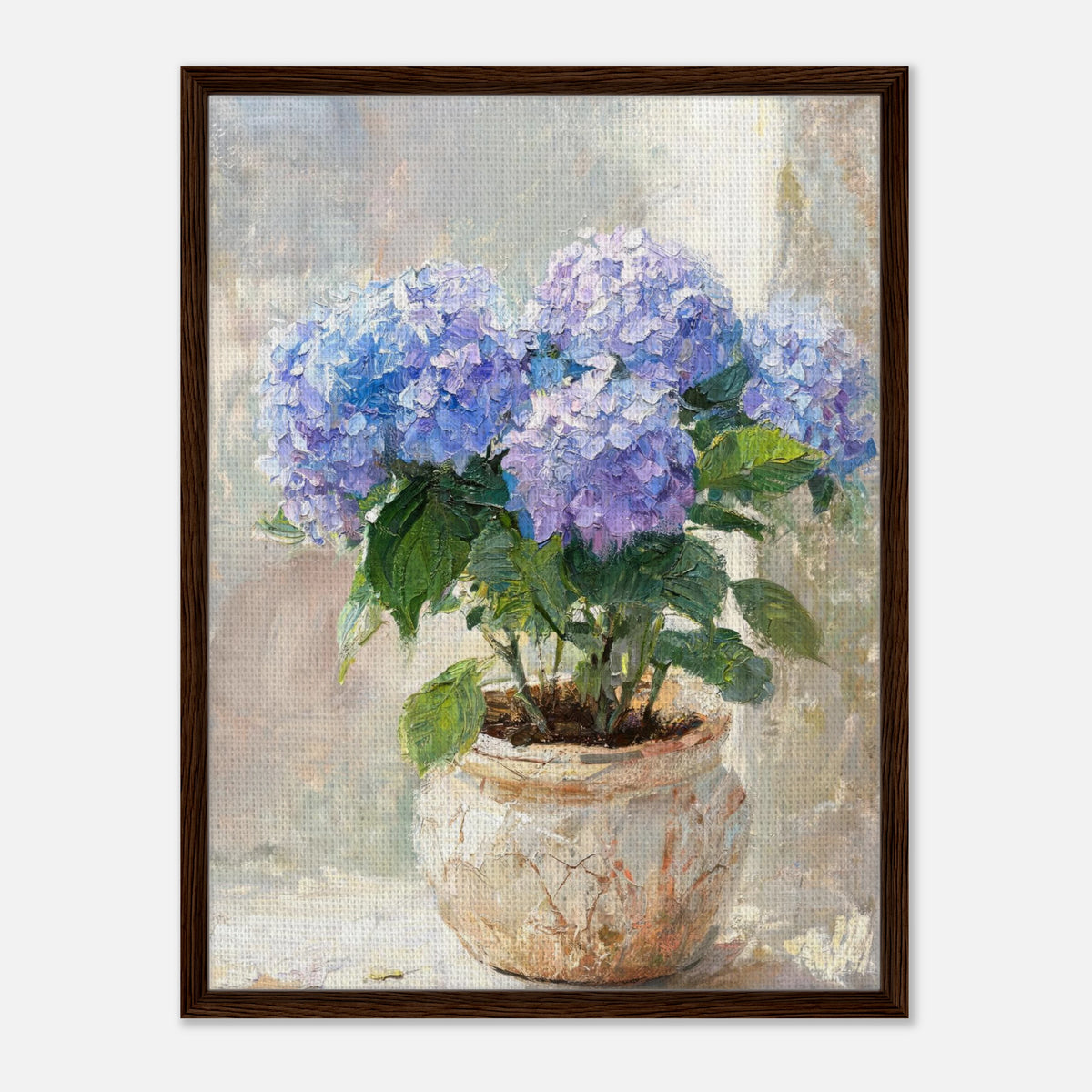 Blue Hydrangeas in Rustic Pot Impressionist Art Print