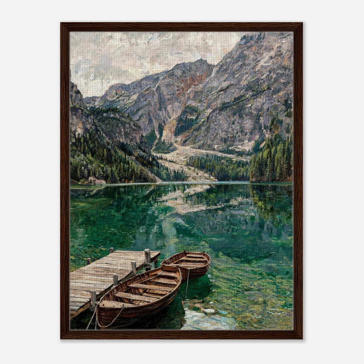 Wooden Boats on Alpine Lake Impressionist Art Print