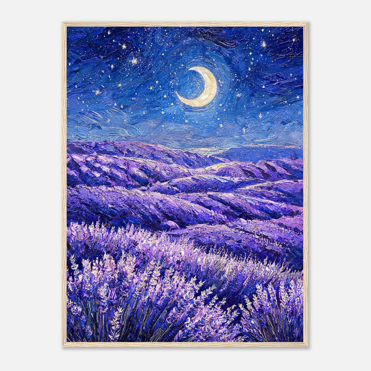 Moonlit Lavender Field at Night Impressionist Art Print