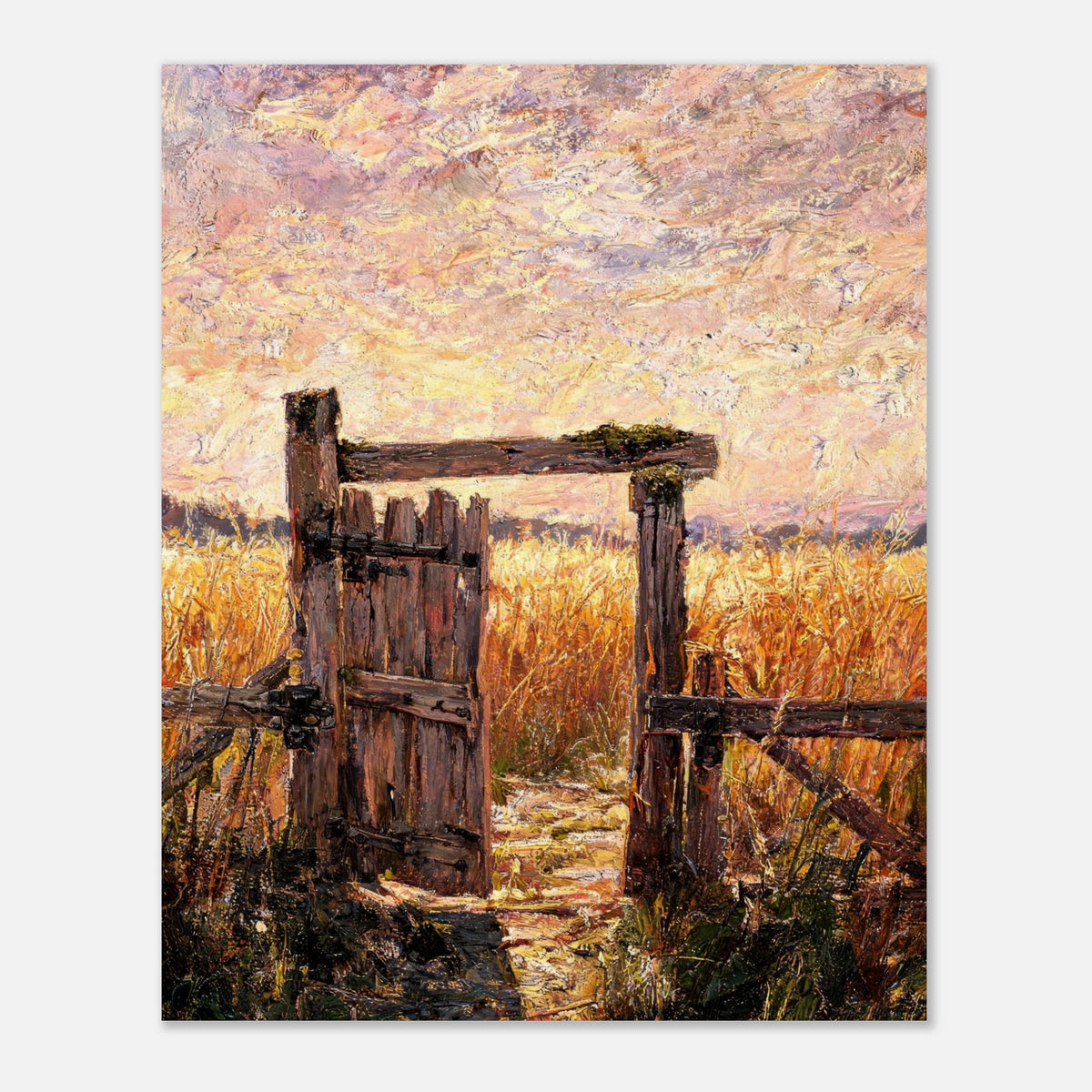Rustic Wooden Gate to Golden Field Impressionist Art Print