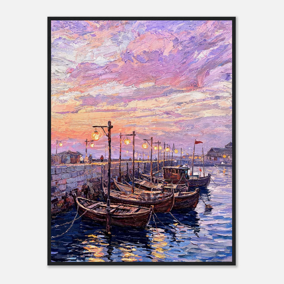 Coastal Harbor Twilight Wooden Boats Impressionist Art Print