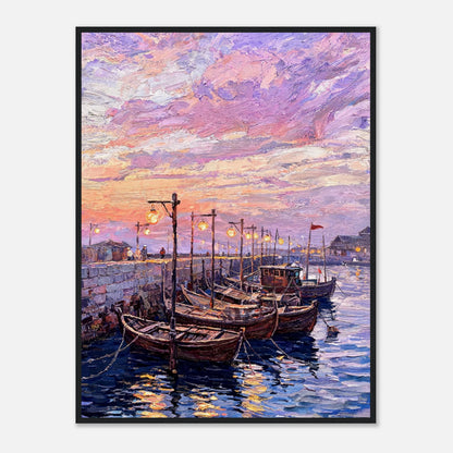 Coastal Harbor Twilight Wooden Boats Impressionist Art Print
