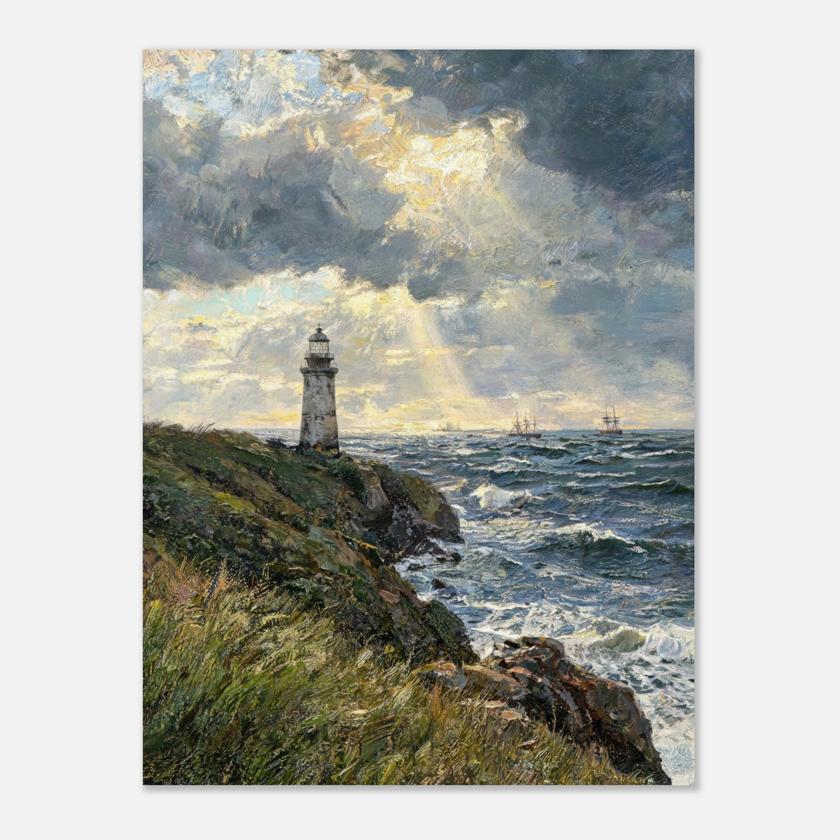 Coastal Lighthouse at Stormy Sunset Impressionist Art Print