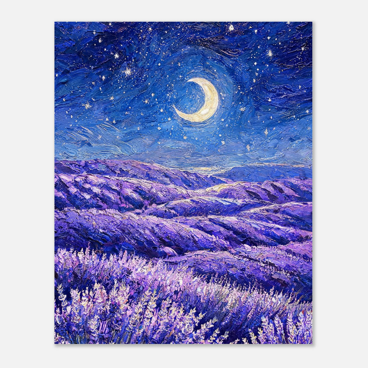 Moonlit Lavender Field at Night Impressionist Art Print