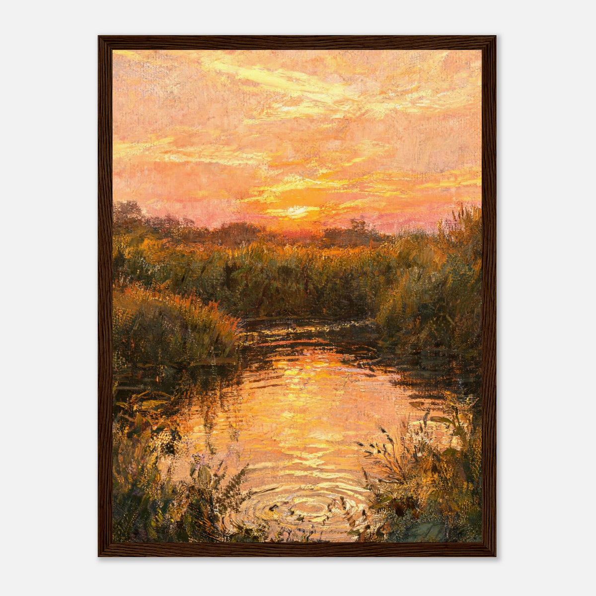 Golden Sunset over River Reflection Impressionist Art Print