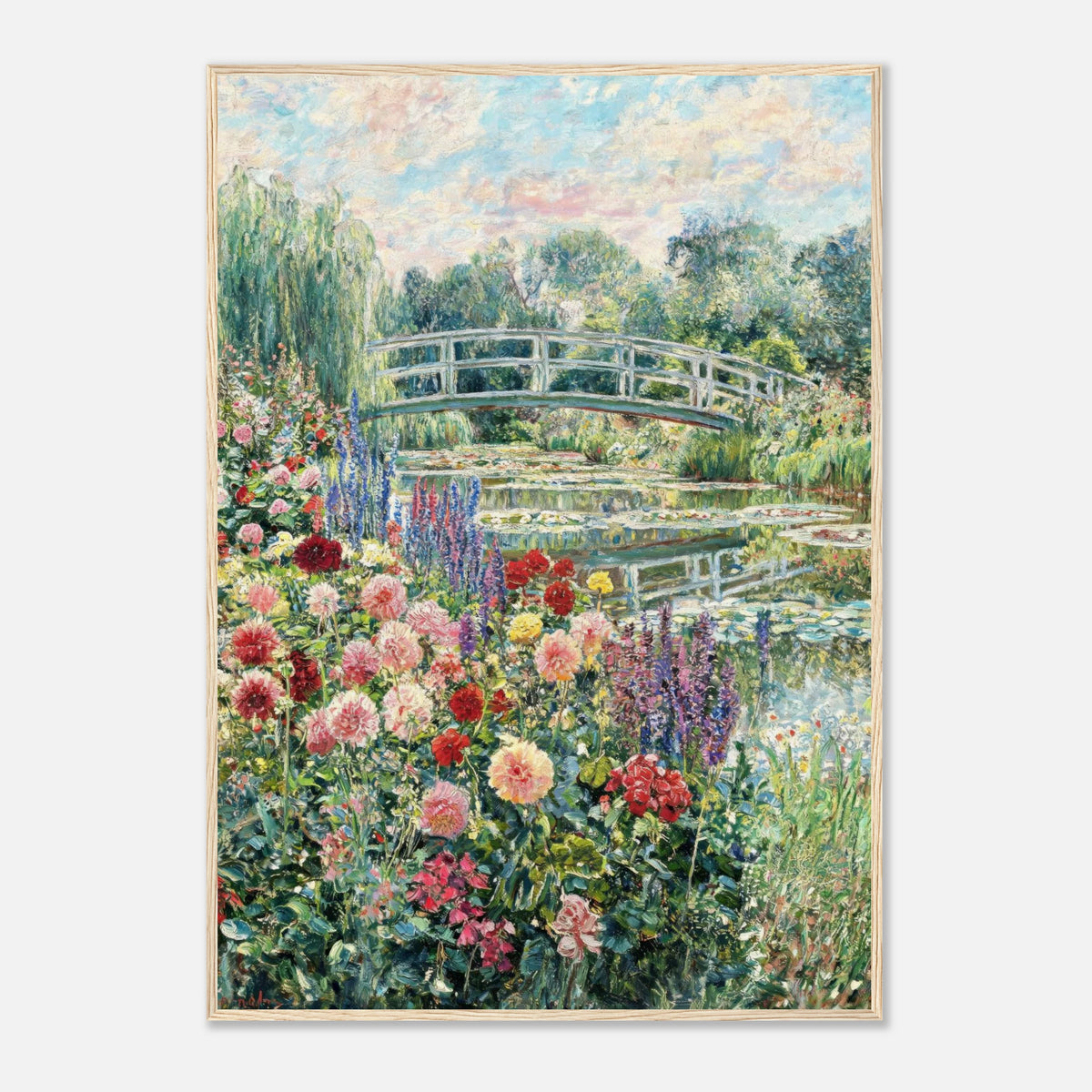 Blooming Summer Garden & Japanese Bridge Impressionist Art Print