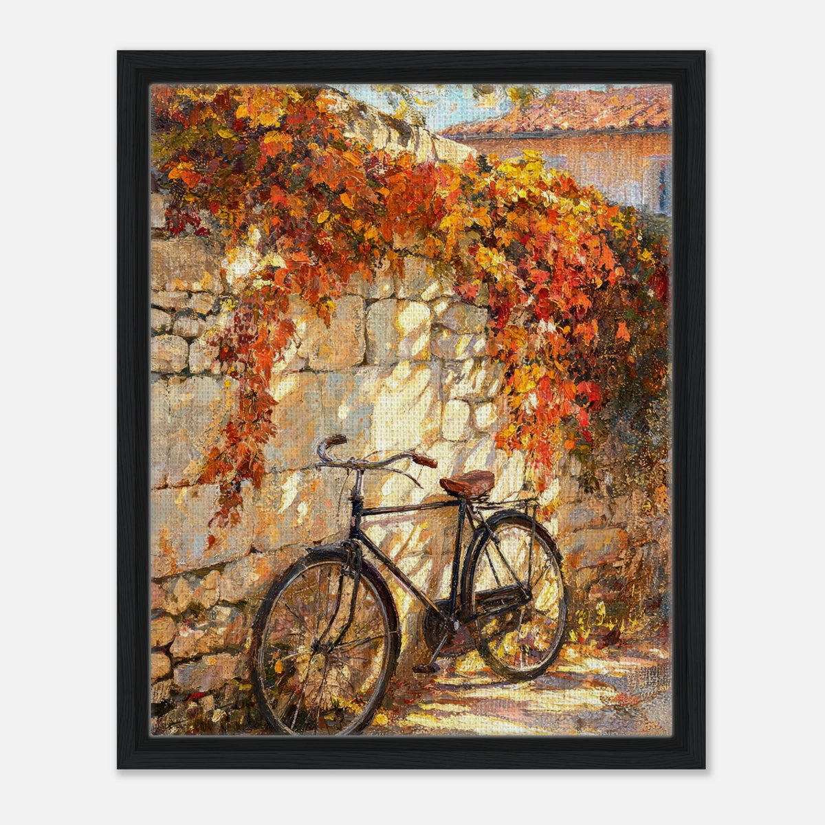 Autumn Vintage Bicycle Stone Wall Impressionist Art Print
